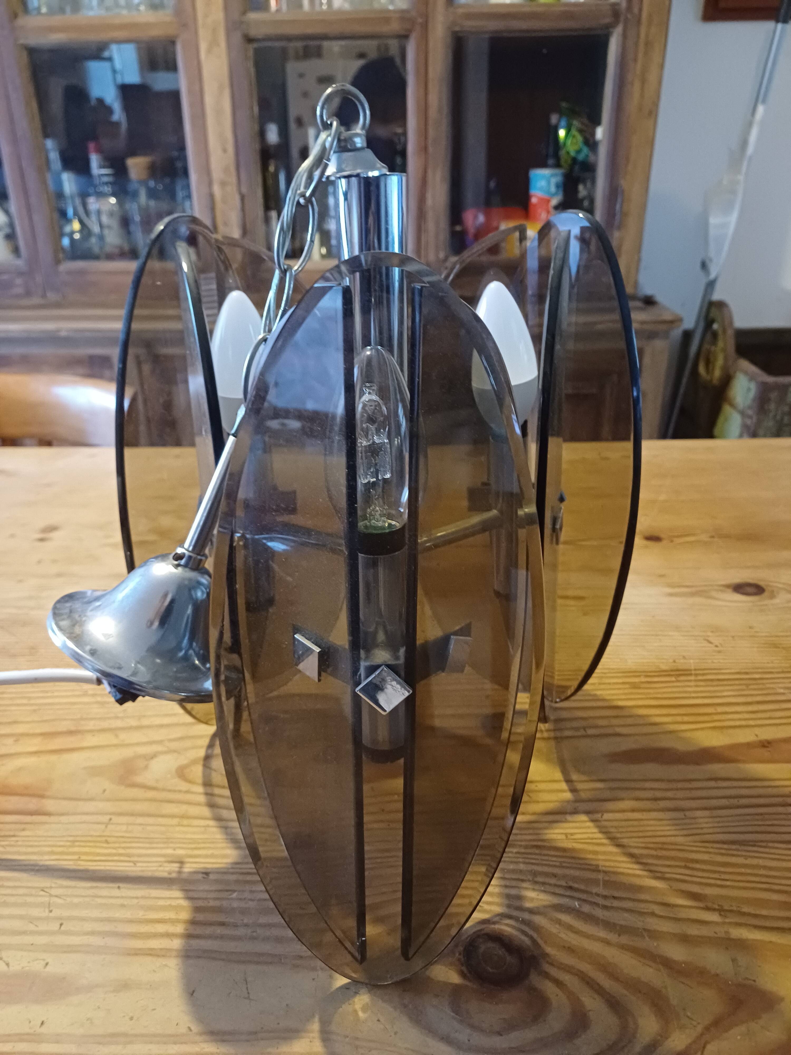 Vintage Chandelier Veca, Chrome and Smoked Glass