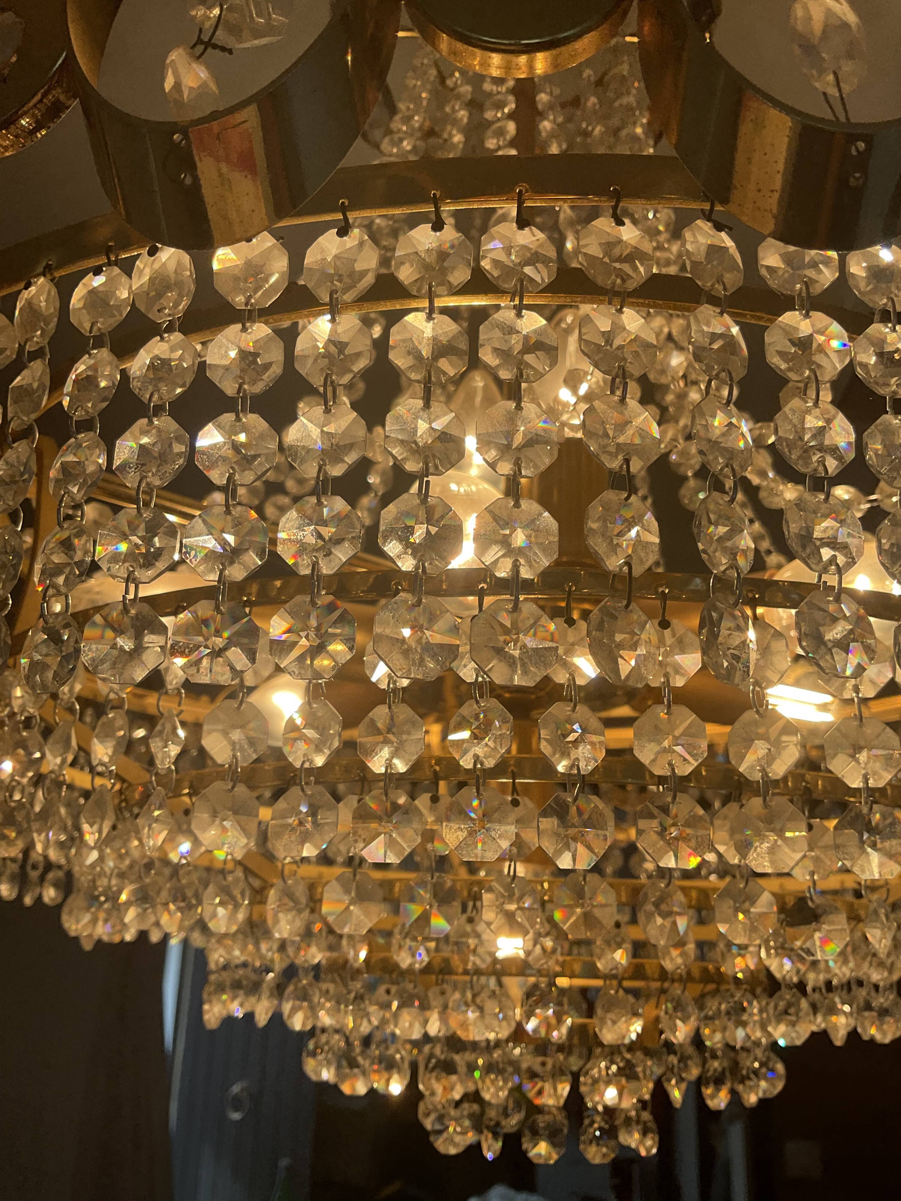 Waterfall chandelier with crystal grapevines and golden aluminum 60s-70s