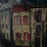 Huile sur panneau par Mick représentant une rue la nuit 1965