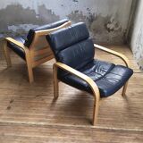 Danish Mathsson sofa + 2 armchairs in curved wood and leather