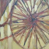 Tableau huile vintage cycliste sur son vélo Italie milieu 20ème siècle signé tableau XM