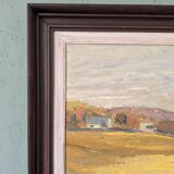 Peinture à l’huile de paysage vintage suédoise moderne « Golden Meadows » du milieu du siècle, encadrée