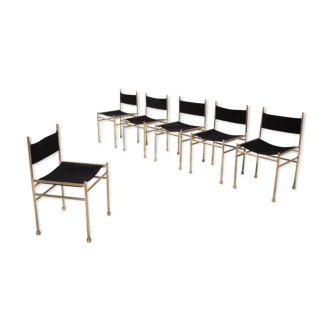 Set de 6 chaises de salle à manger en laiton et velours par Luciano Frigerio, années 1980