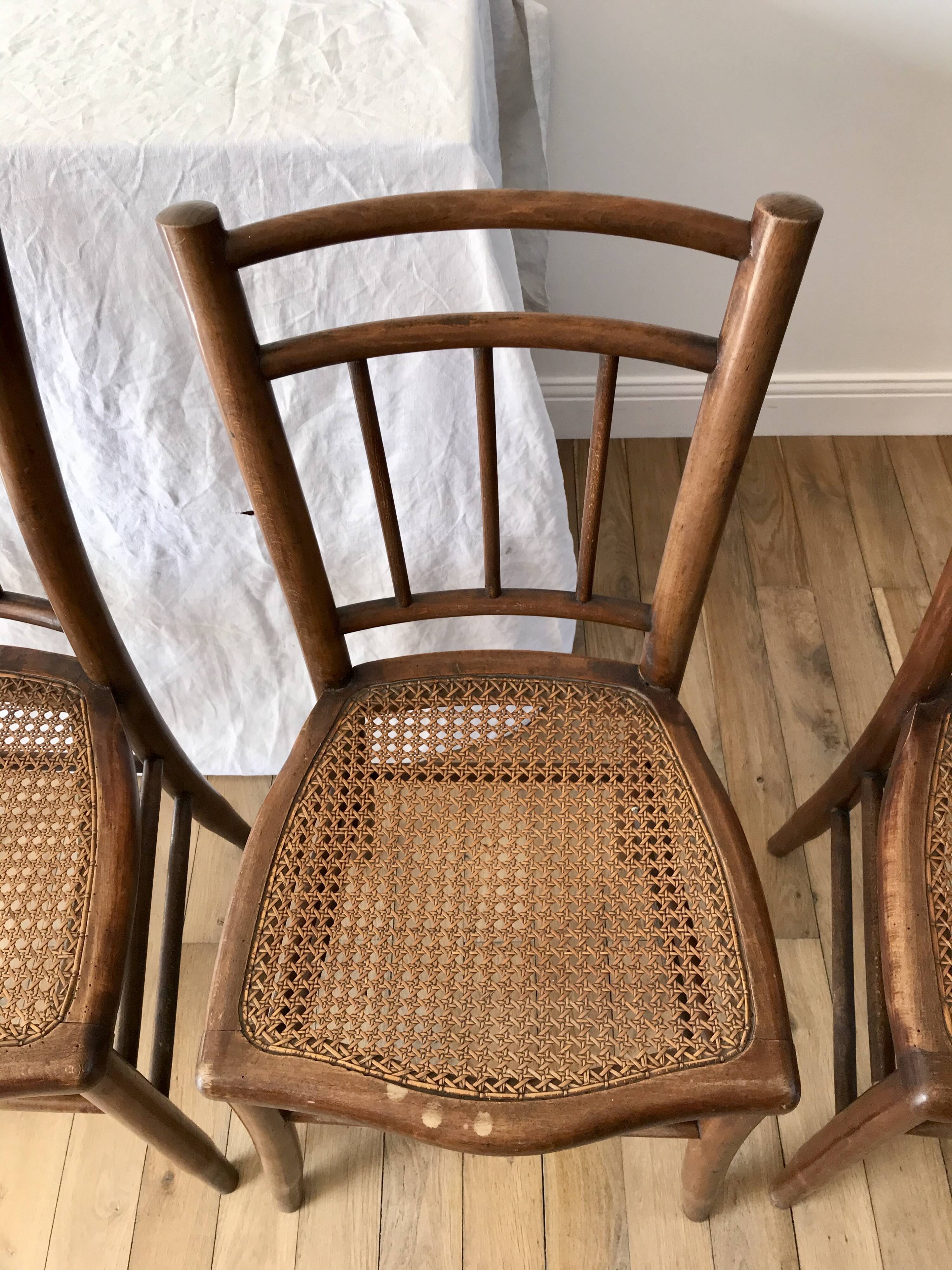 set of 4 bistro chairs in turned wood and canework stamped early 20th century