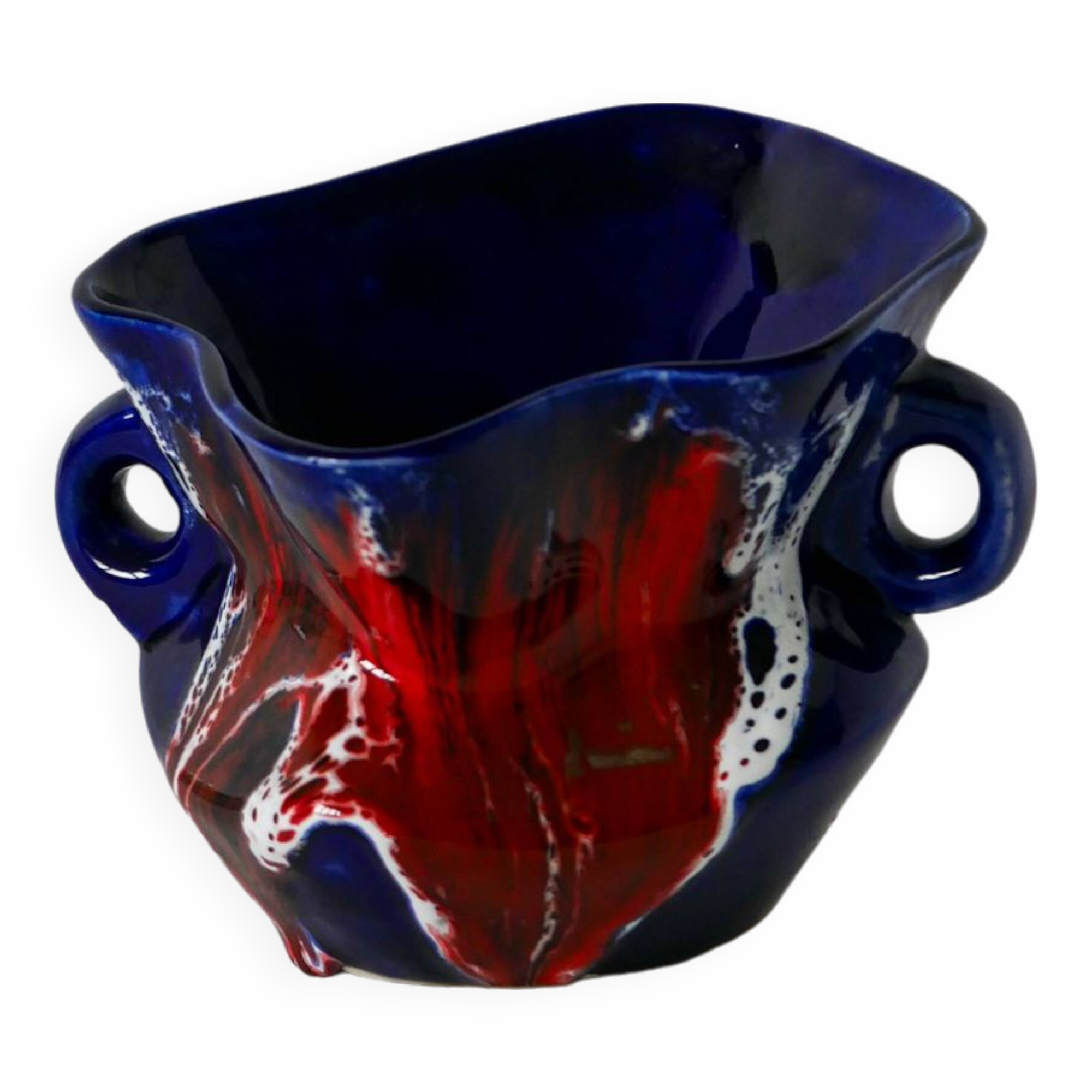 Ceramic vase / fat lava red, blue and white, 1970