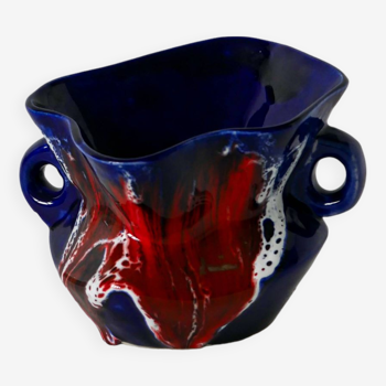 Vase en céramique / fat lava rouge, bleu et blanc, 1970