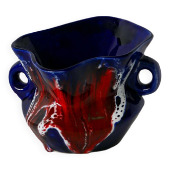 Vase en céramique / fat lava rouge, bleu et blanc, 1970