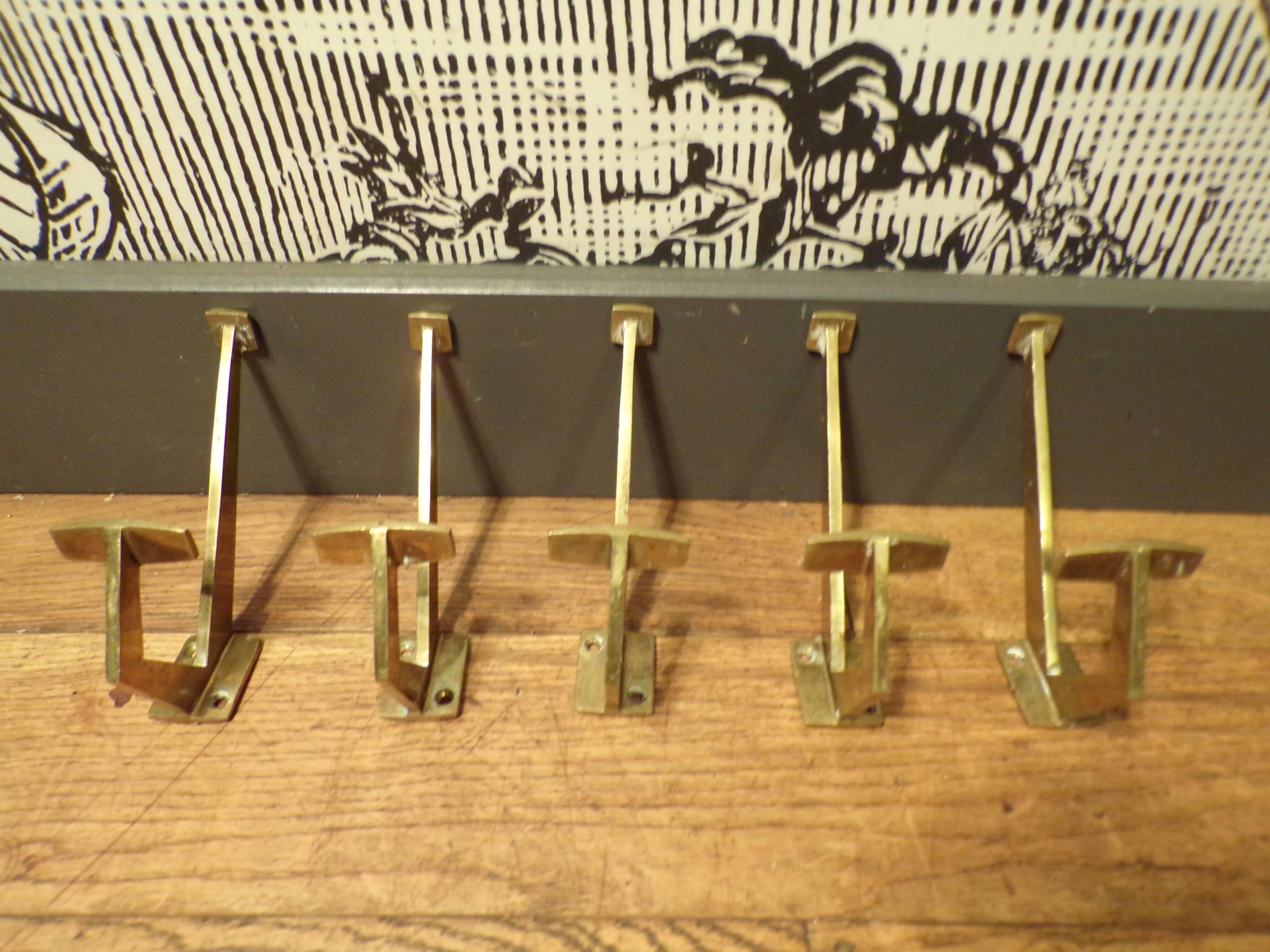 set of 5 1930 brass coat hooks
