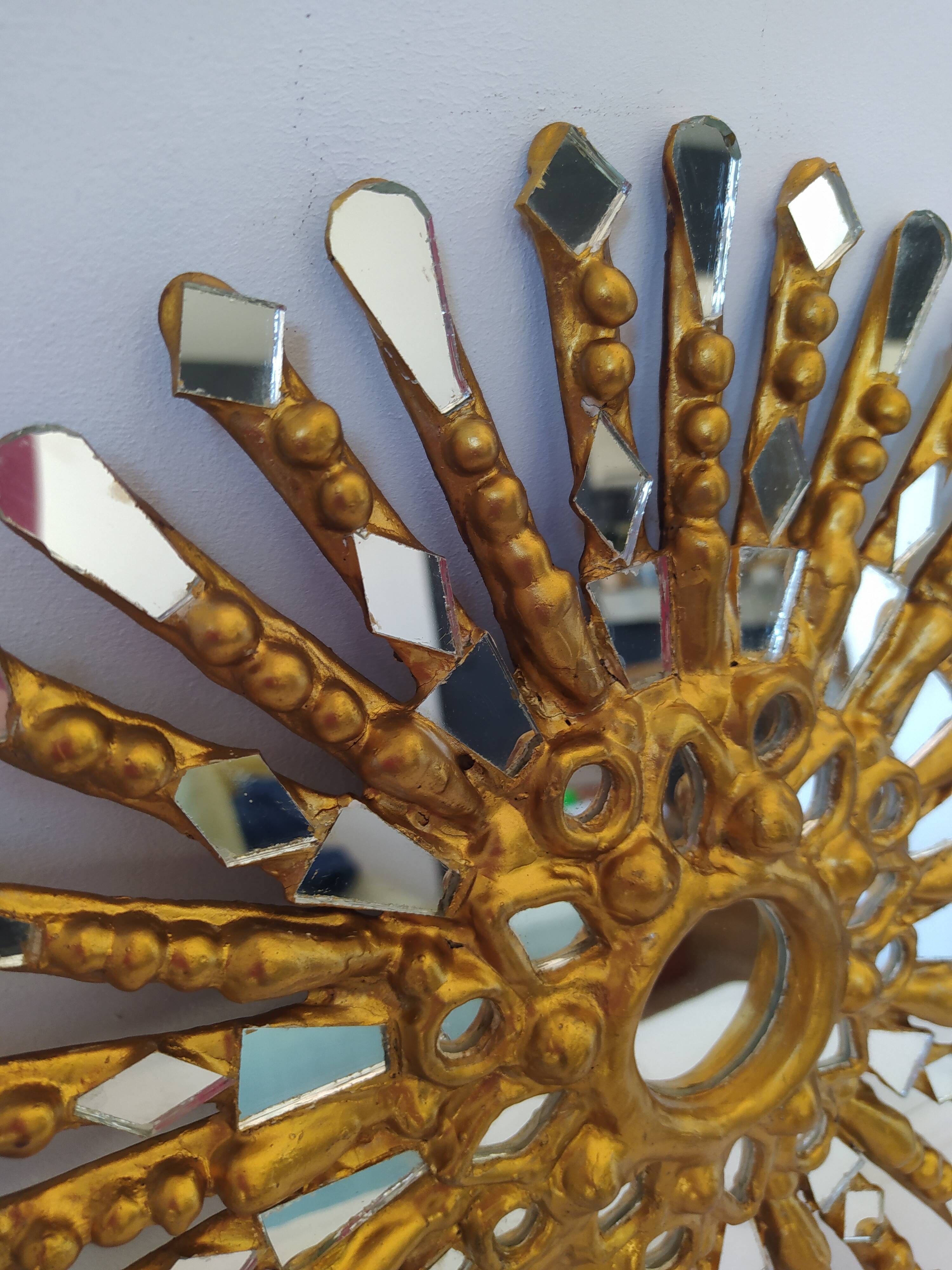 Golden wooden sun mirror 30cm