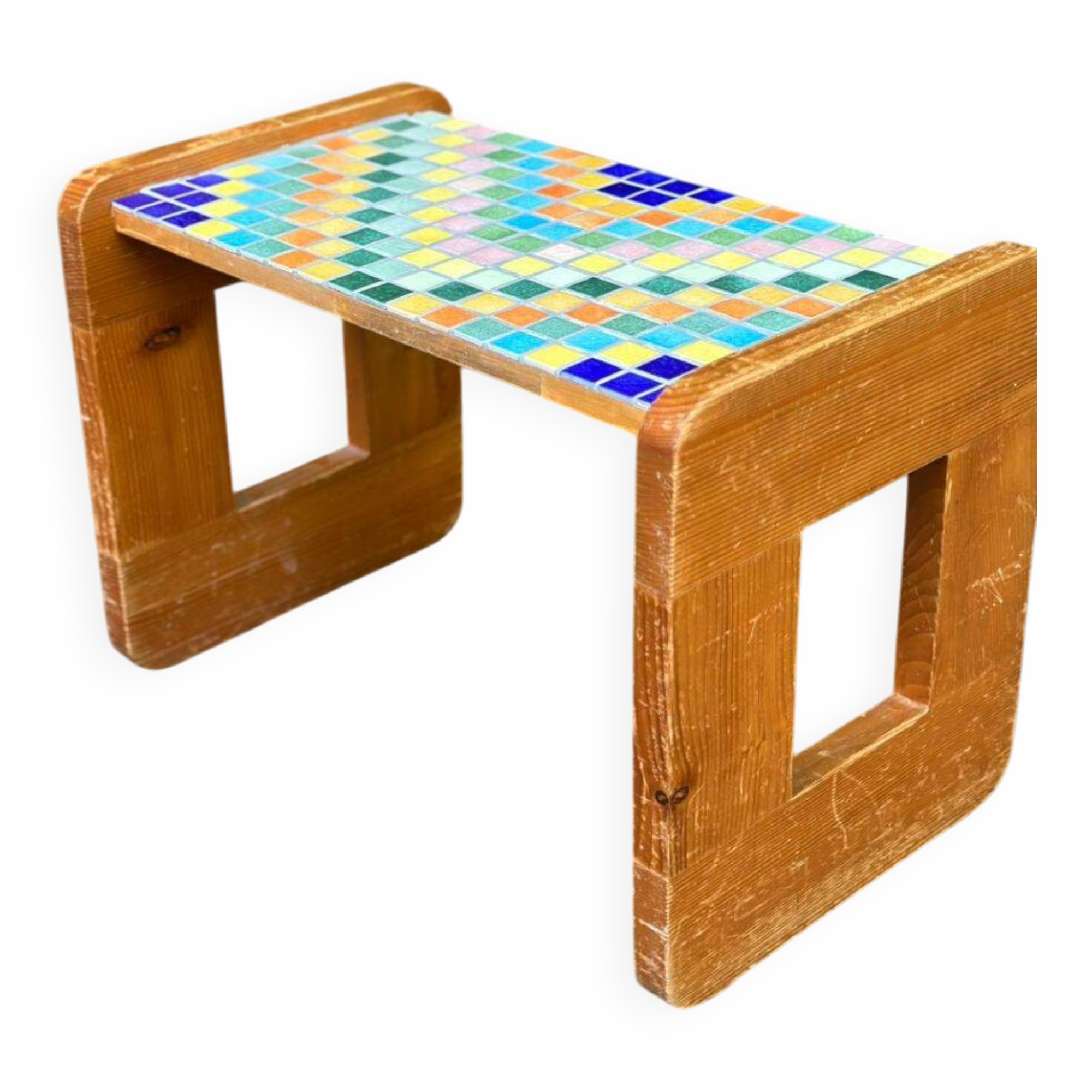 Vintage wooden and mosaic stool bench from the 1960s.