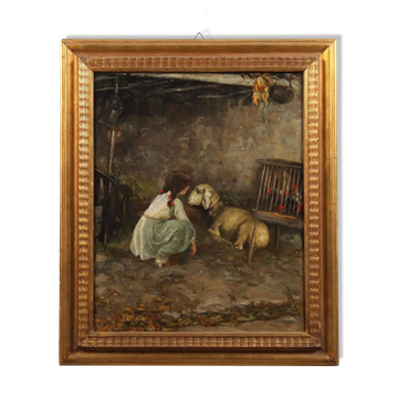Modern painting signed Cesare Laurenti "The Little Girl and the Sheep"