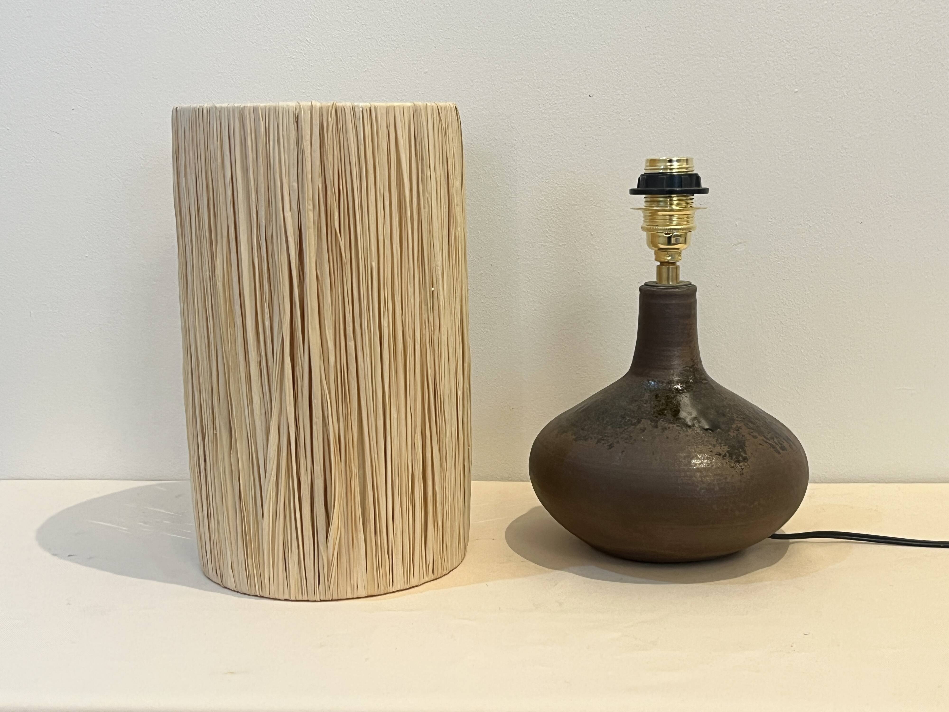 Vintage design lamp base in brown pyrite stoneware with raffia lampshade 1970