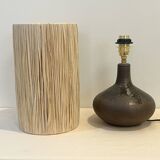 Vintage designer lamp base in brown pyrite stoneware with raffia lampshade, 1970s