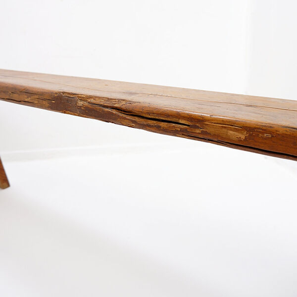 Banc rustique en bois massif de ferme avec pieds tréteaux - 1960s