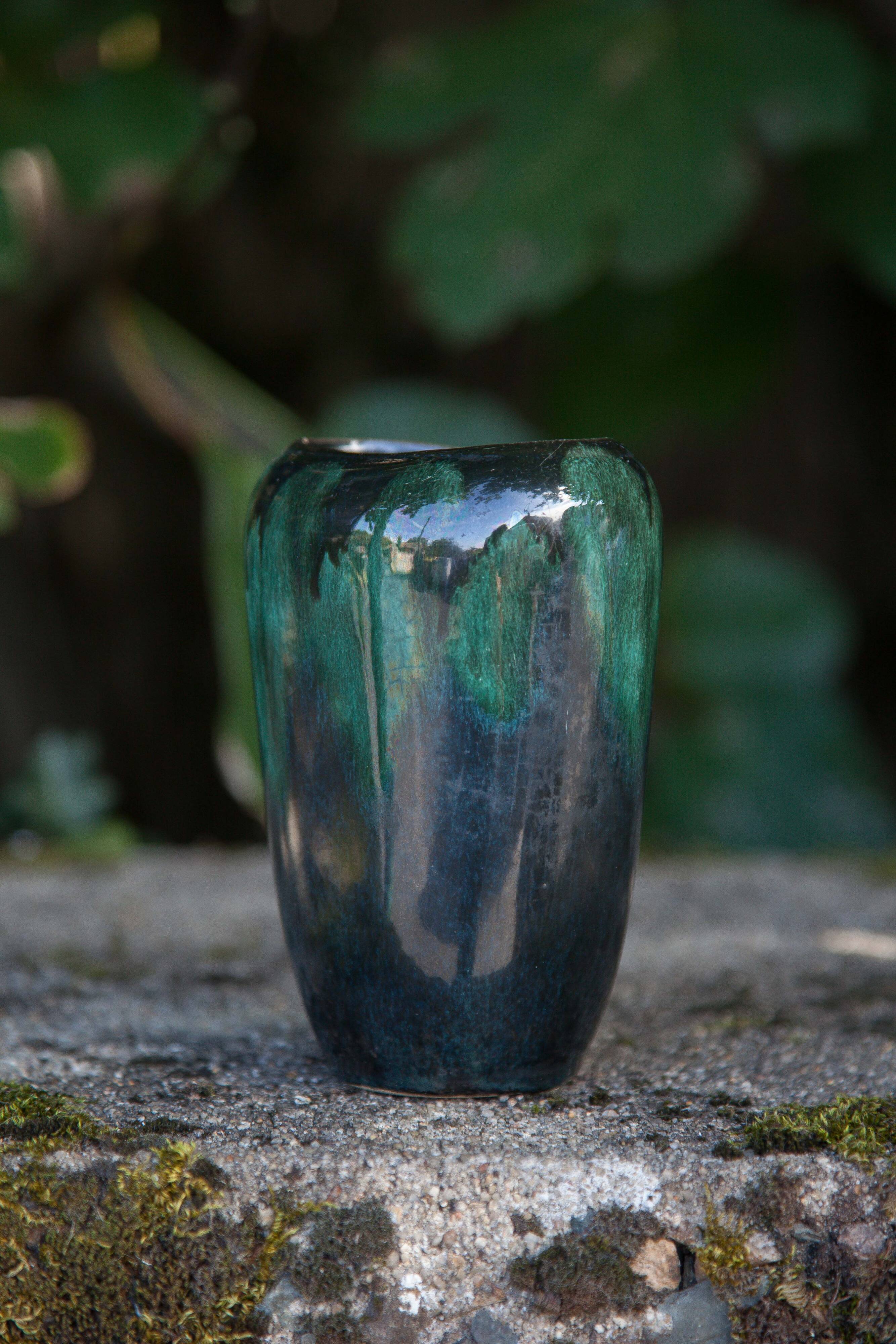 Vase céramique 409/15, vase décoratif, pot à fleurs, vase nuances vert et noir, collection, 60's