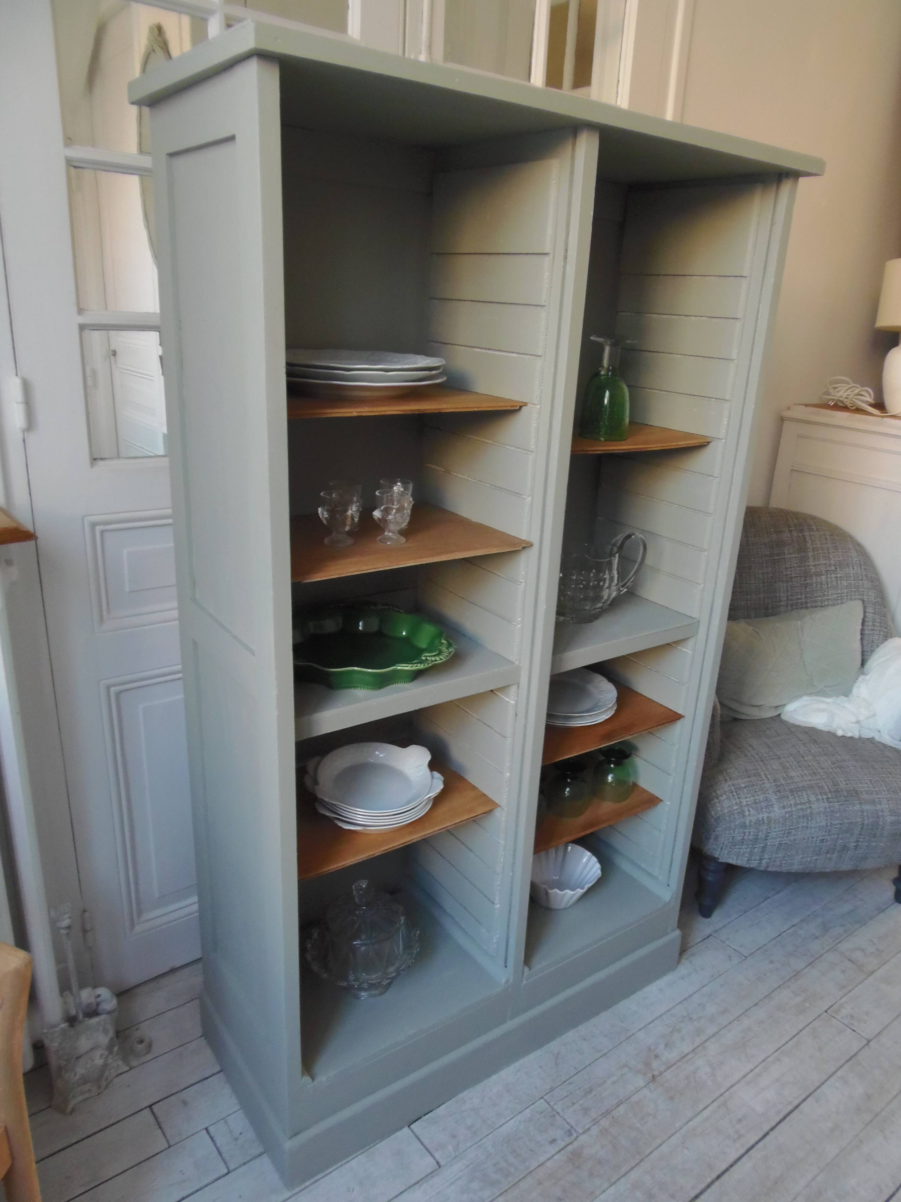 Vintage furniture transformed into a bookcase, verdigris patinated sideboard.