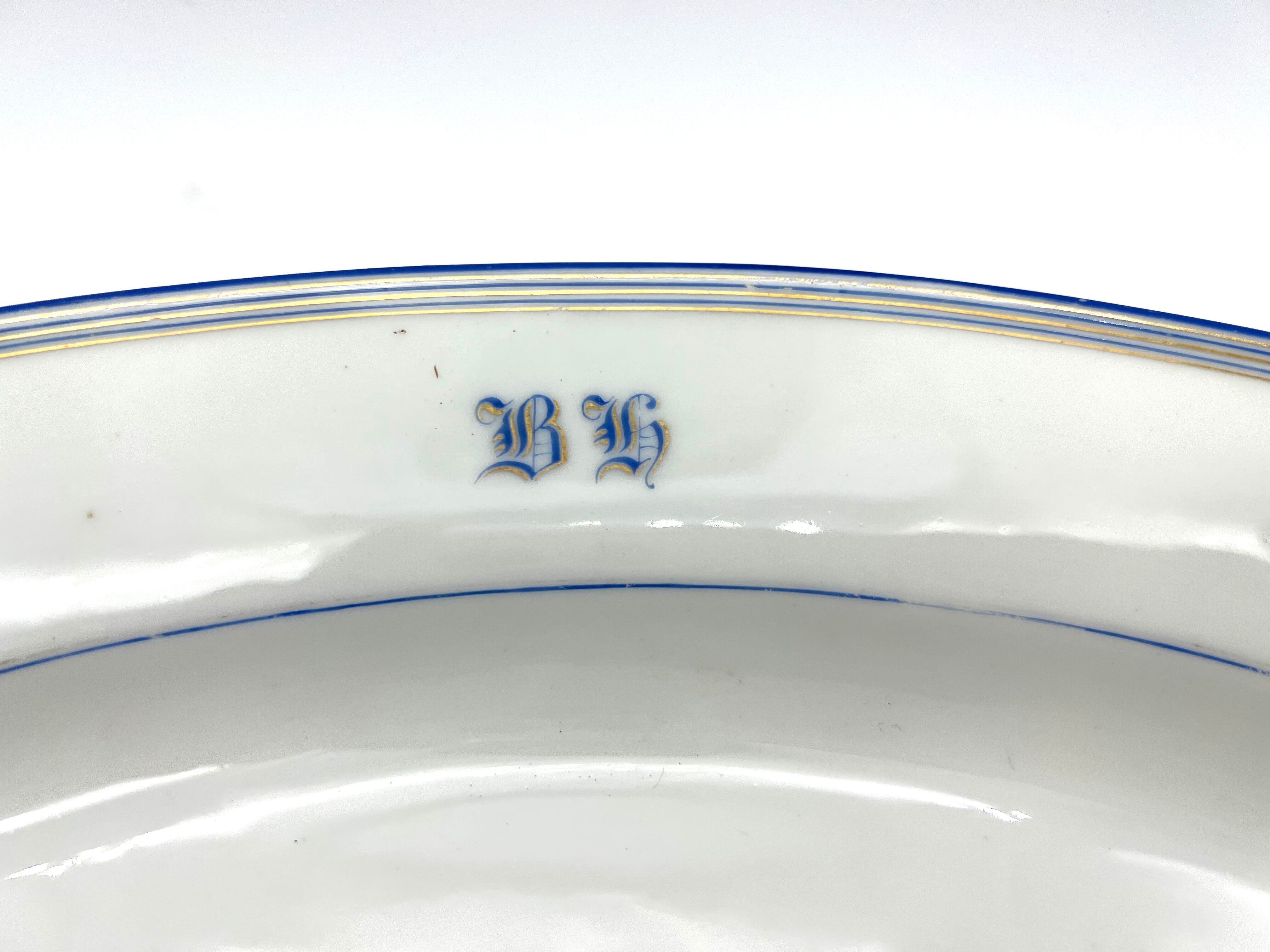 Monogrammed oval dish b h white and blue 39cm