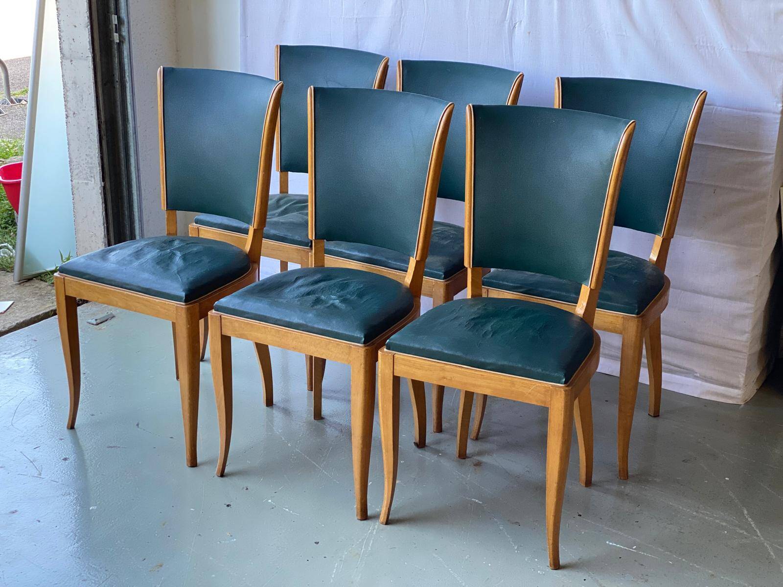 6 vintage dining chairs in solid wood and blue green leather