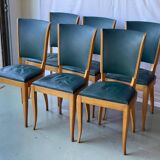 6 vintage dining chairs in solid wood and blue green leather