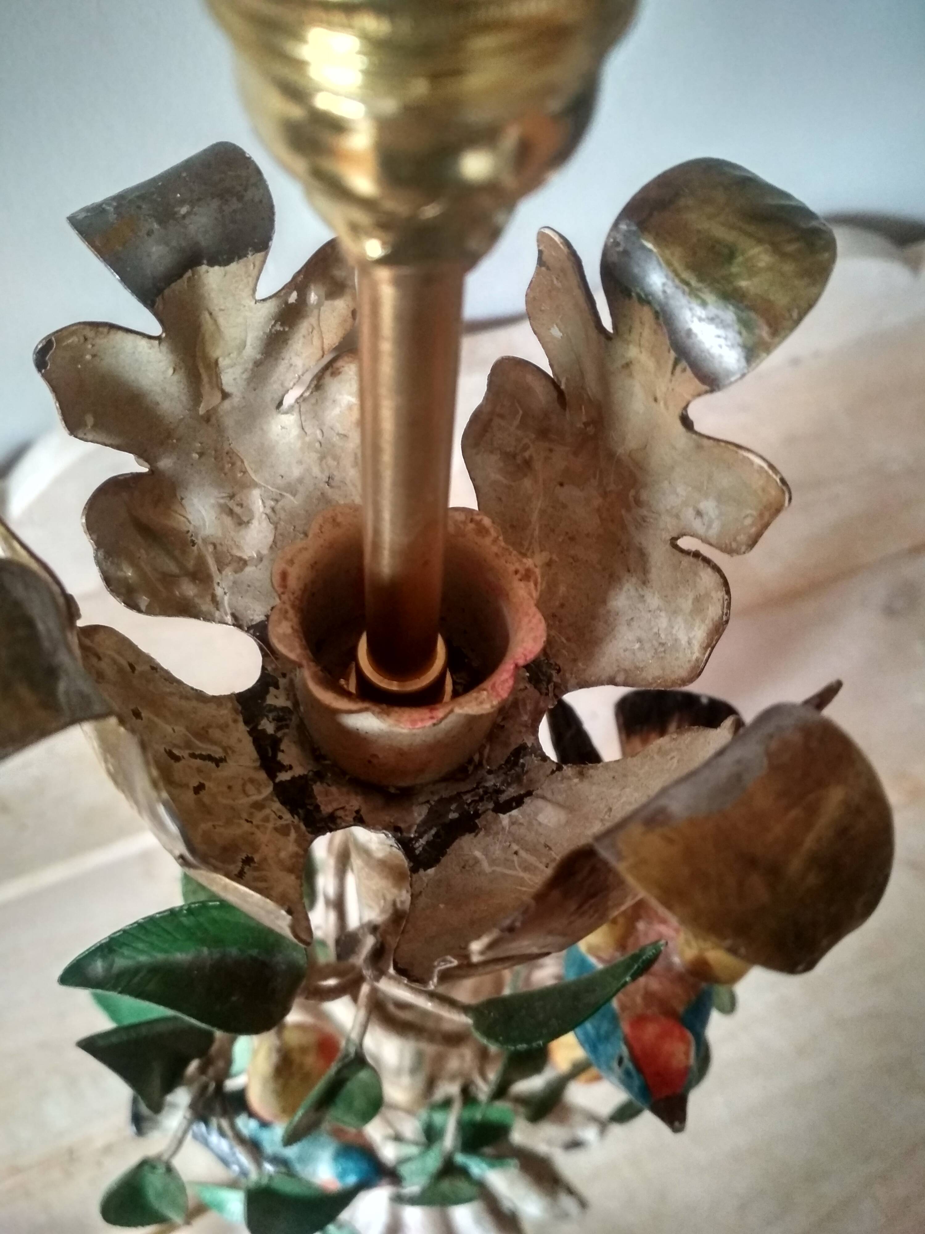 Painted metal candle holder lamp - wrought iron fruit and bird lamp base