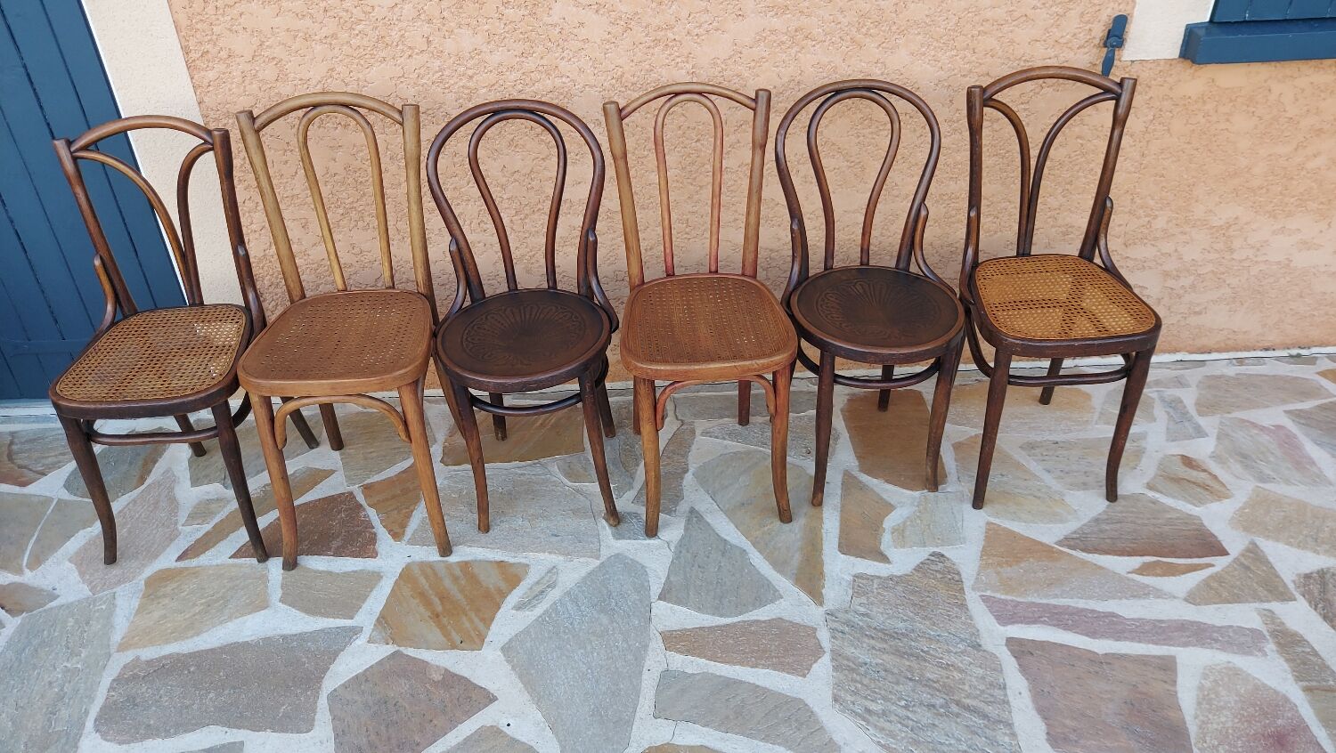 Suite of 6 mismatched bistro chairs Thonet and J&J kohn 1920
