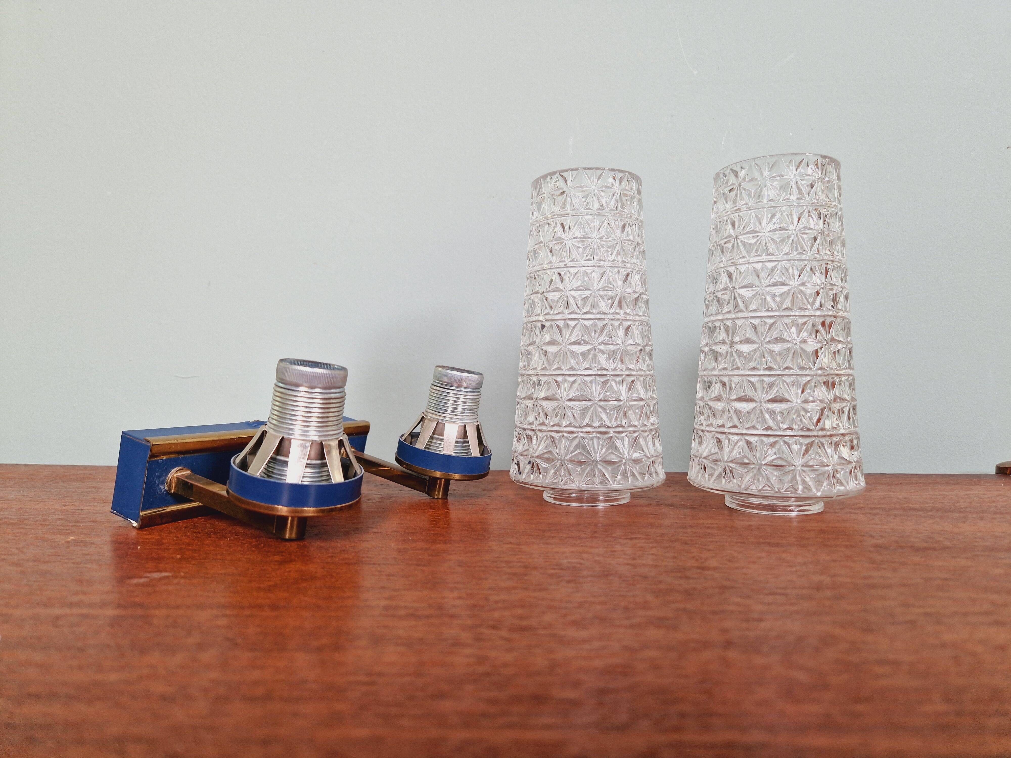 Pair of double wall lights in glass and blue lacquered metal, 1950s-60s