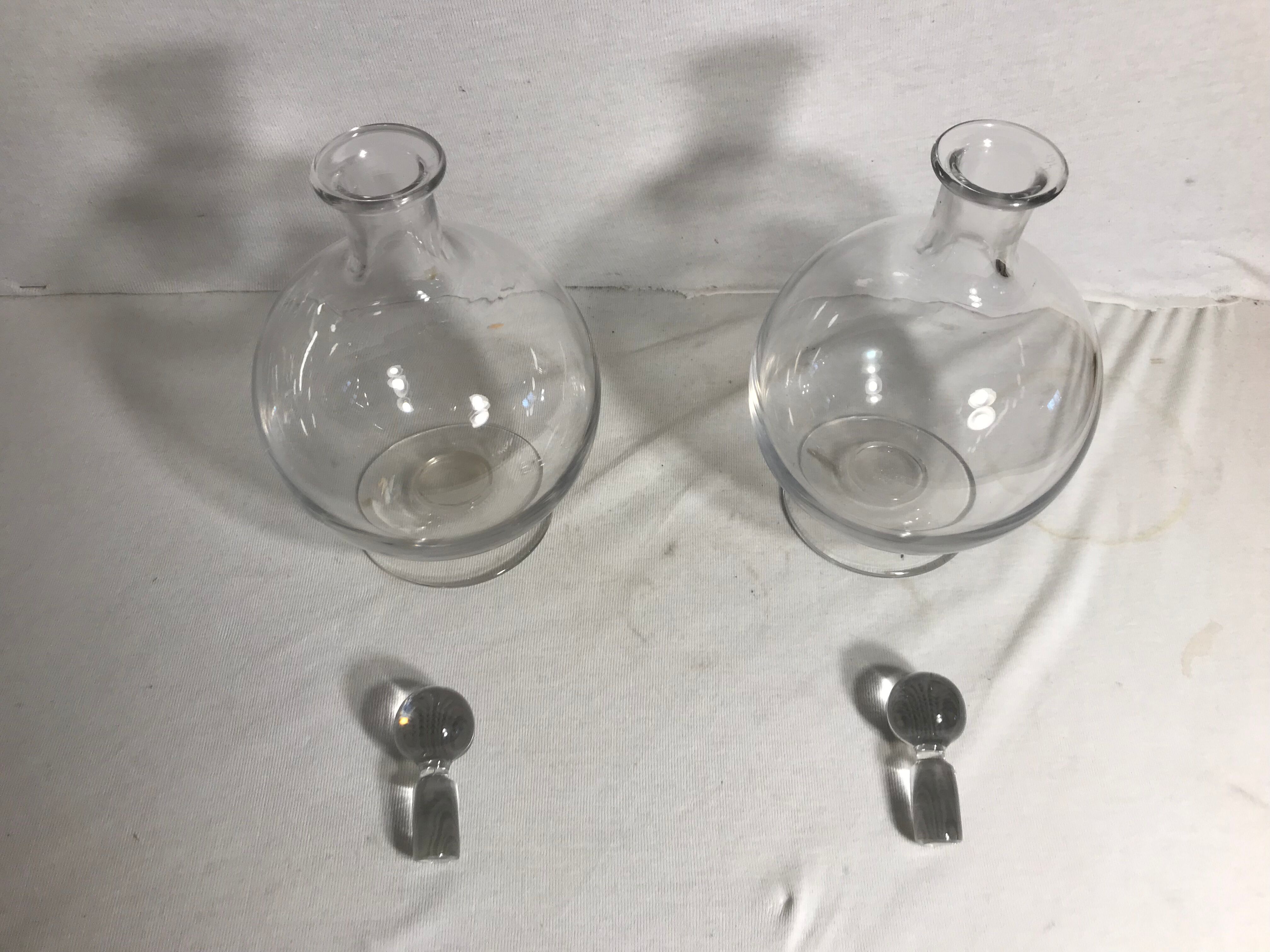 Pair Old Carafe Bombée Glass - Vintage Round Bouchon