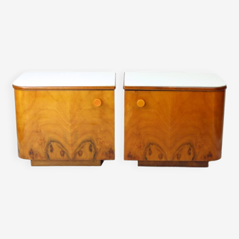 1960s Bedside Tables In Walnut And White Glass, Czechoslovakia