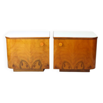 1960s Bedside Tables In Walnut And White Glass, Czechoslovakia