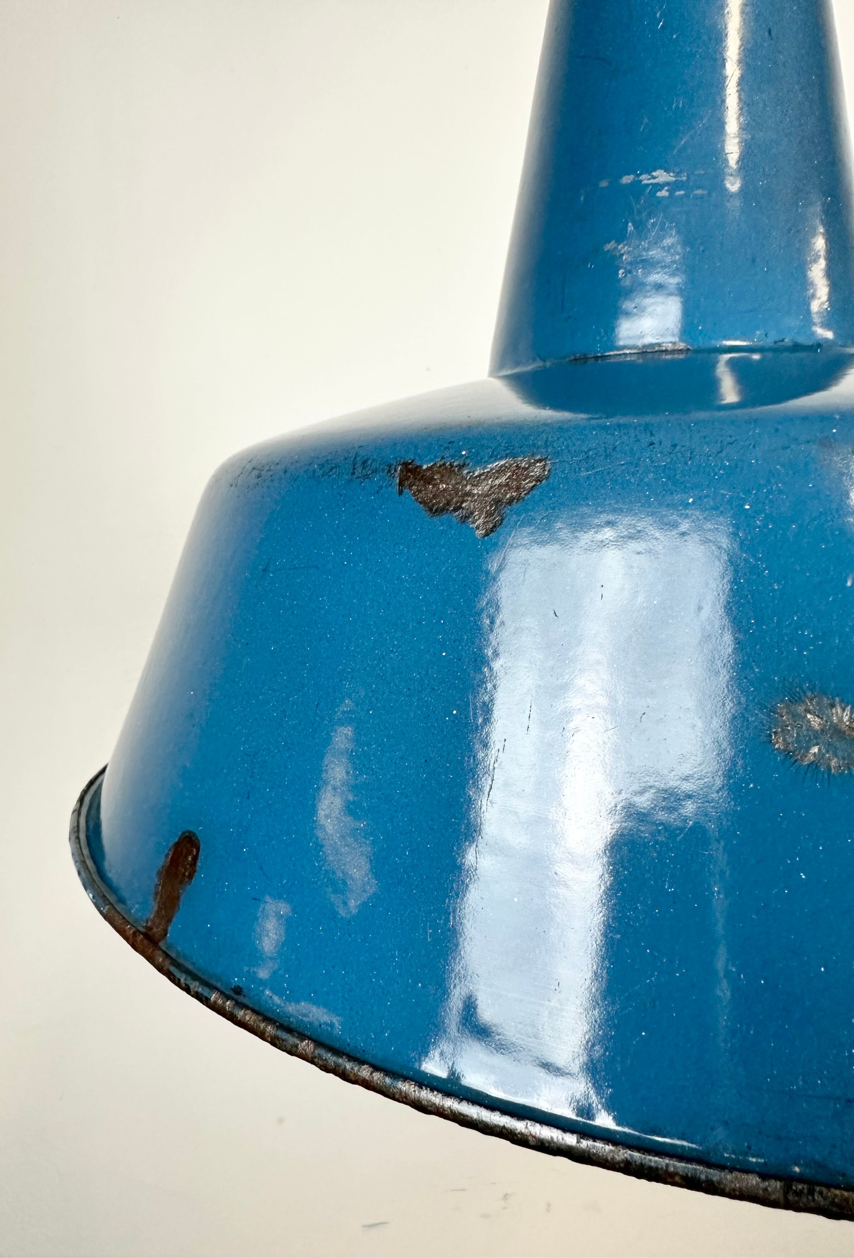Industrial blue enamel factory lamp with cast iron top, 1960s