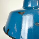 Industrial blue enamel factory lamp with cast iron top, 1960s