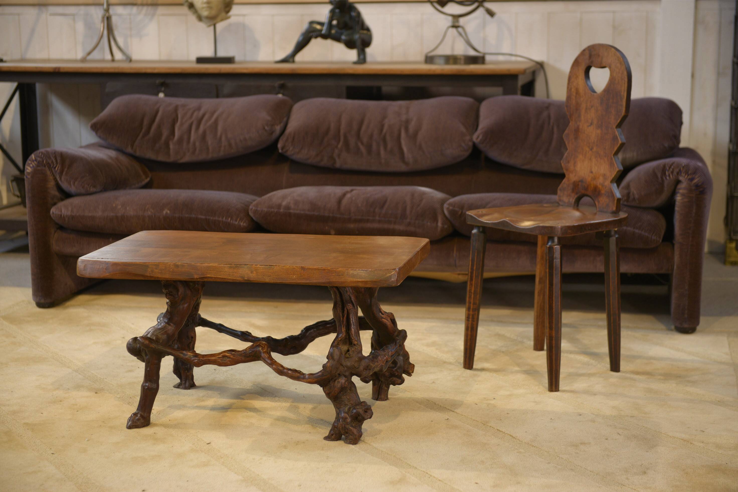 Brutalist side table/coffee table in elm from the 1950s.