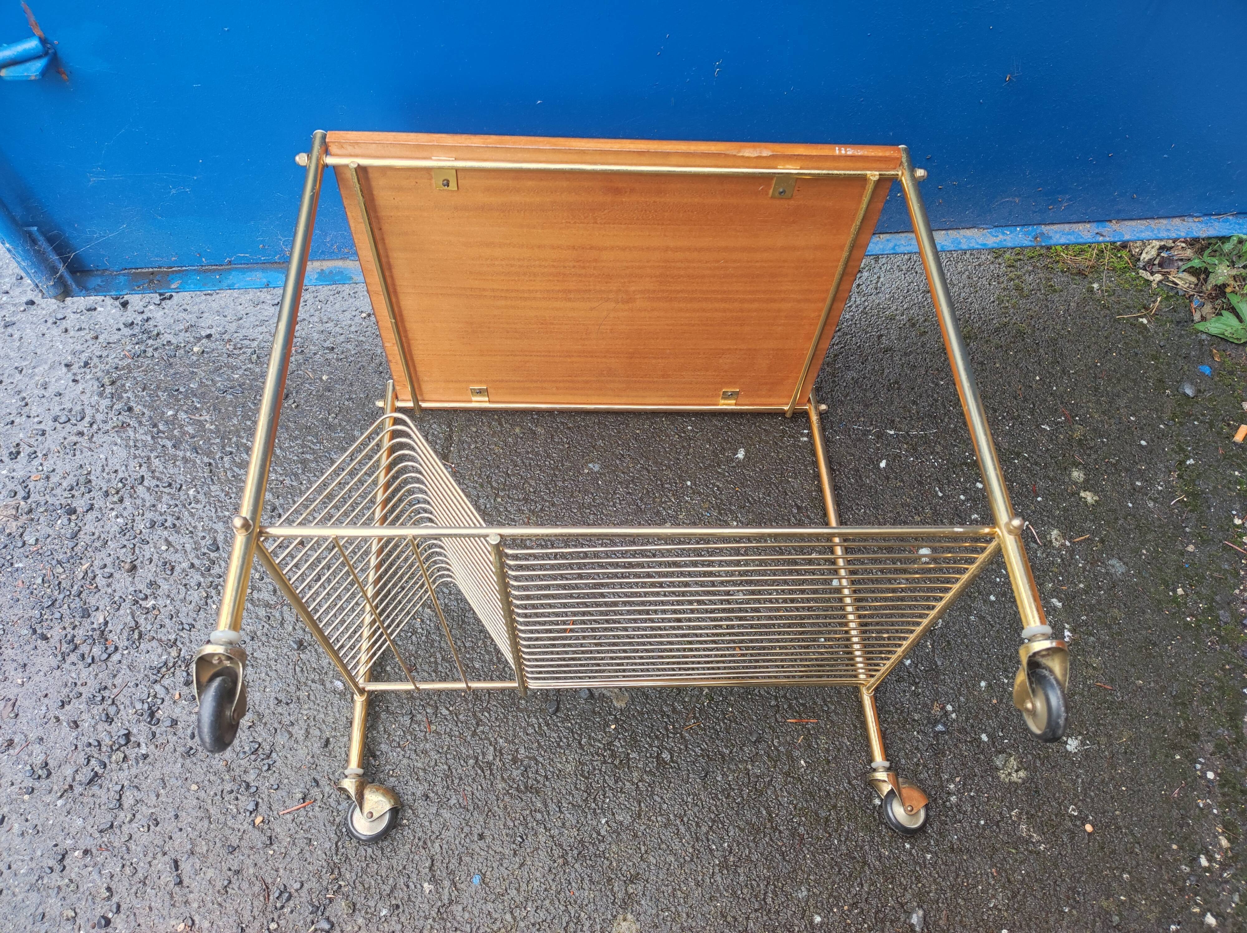 Serving table with wheels vinyl record holder steel file gilded wood vintage
