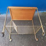 Serving table with wheels vinyl record holder steel file gilded wood vintage