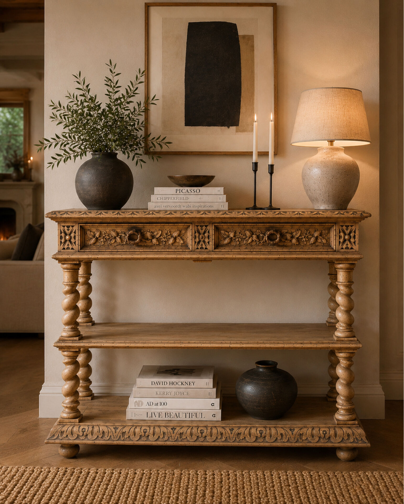 Console chêne brut massif décor végétal sculpté fin XIXe