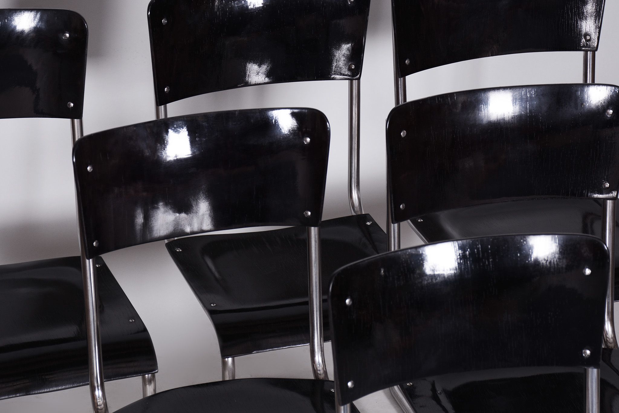 Set of 6 Vintage Bauhaus Chairs, Restored, Gloss, Vichr a Spol, Czechia, 1930s