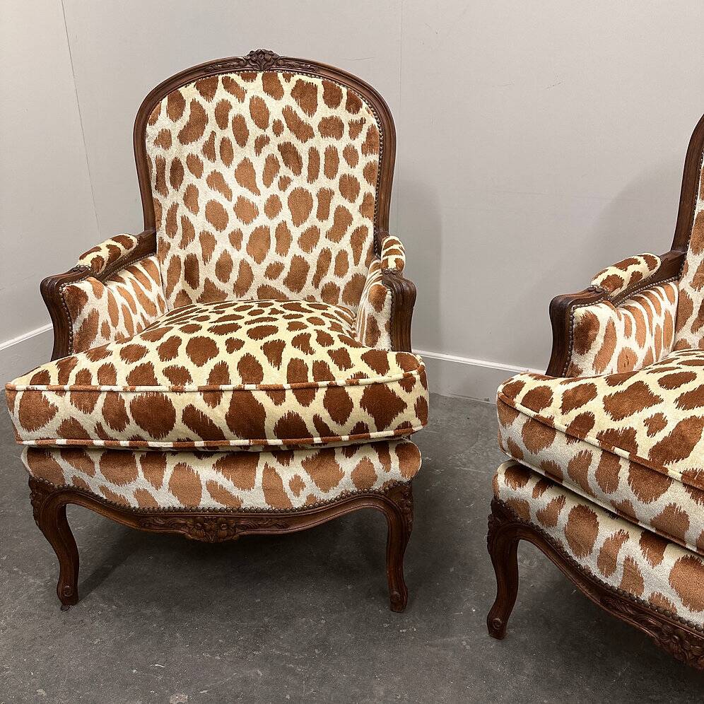 Pair of Louis XV style armchairs in giraffe velvet upholstery, France, 1950s