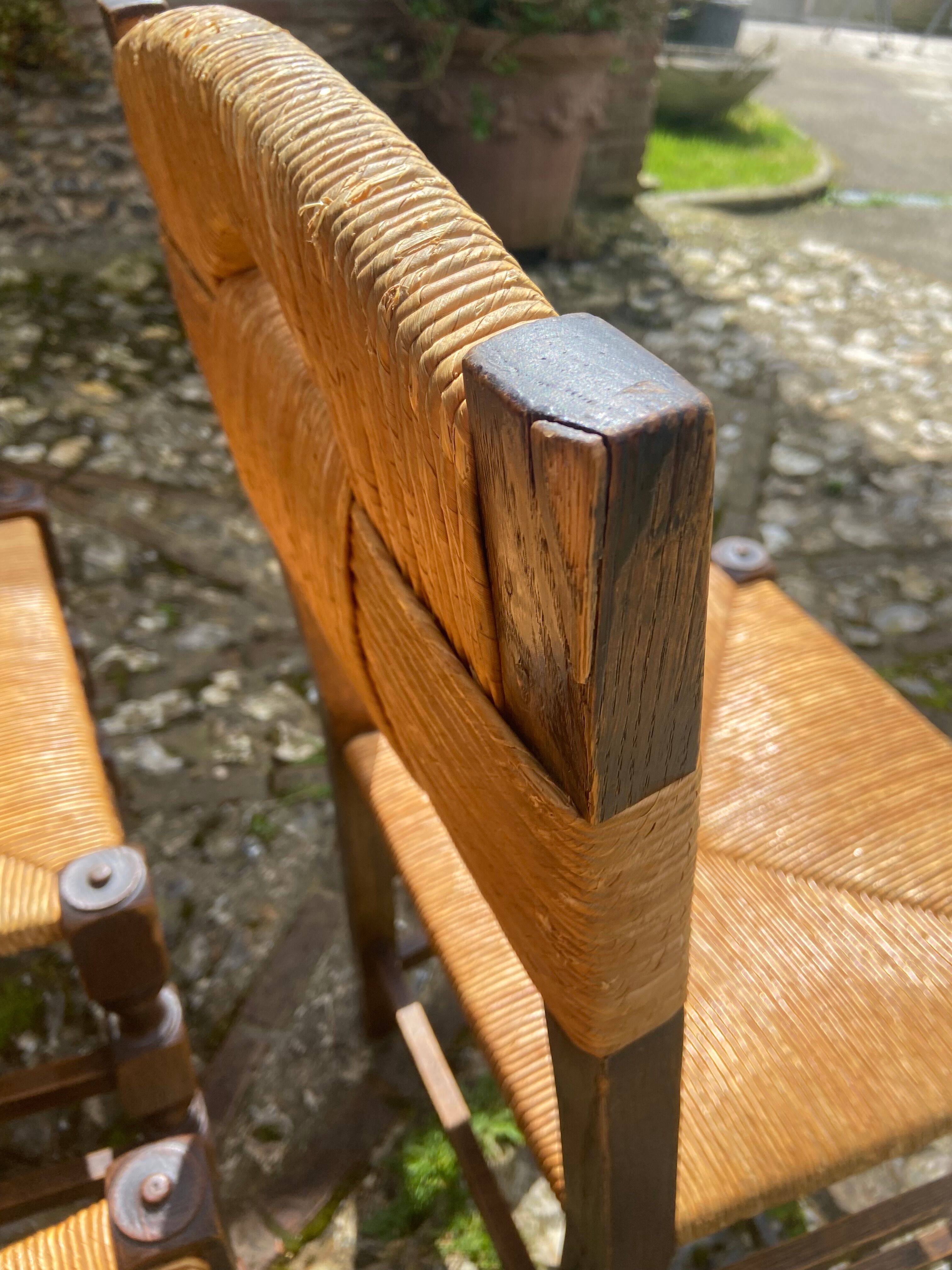 Six brutalist chairs straws and wood 60s