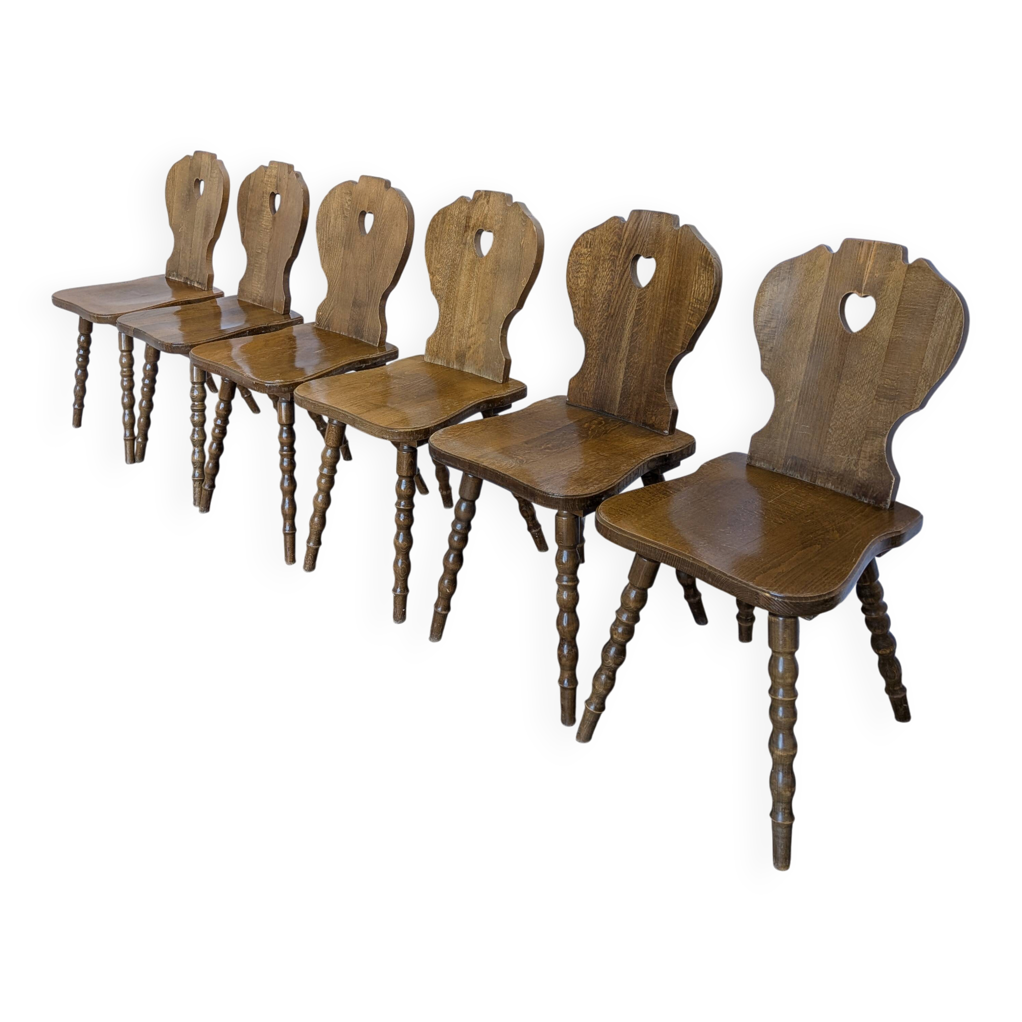 Set of 6 Vintage Tyrolean Heart Cutout Wooden Dining Chairs / Darker Brown
