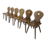 Set of 6 Vintage Tyrolean Heart Cutout Wooden Dining Chairs / Darker Brown