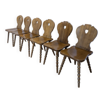 Set of 6 Vintage Tyrolean Heart Cutout Wooden Dining Chairs / Darker Brown
