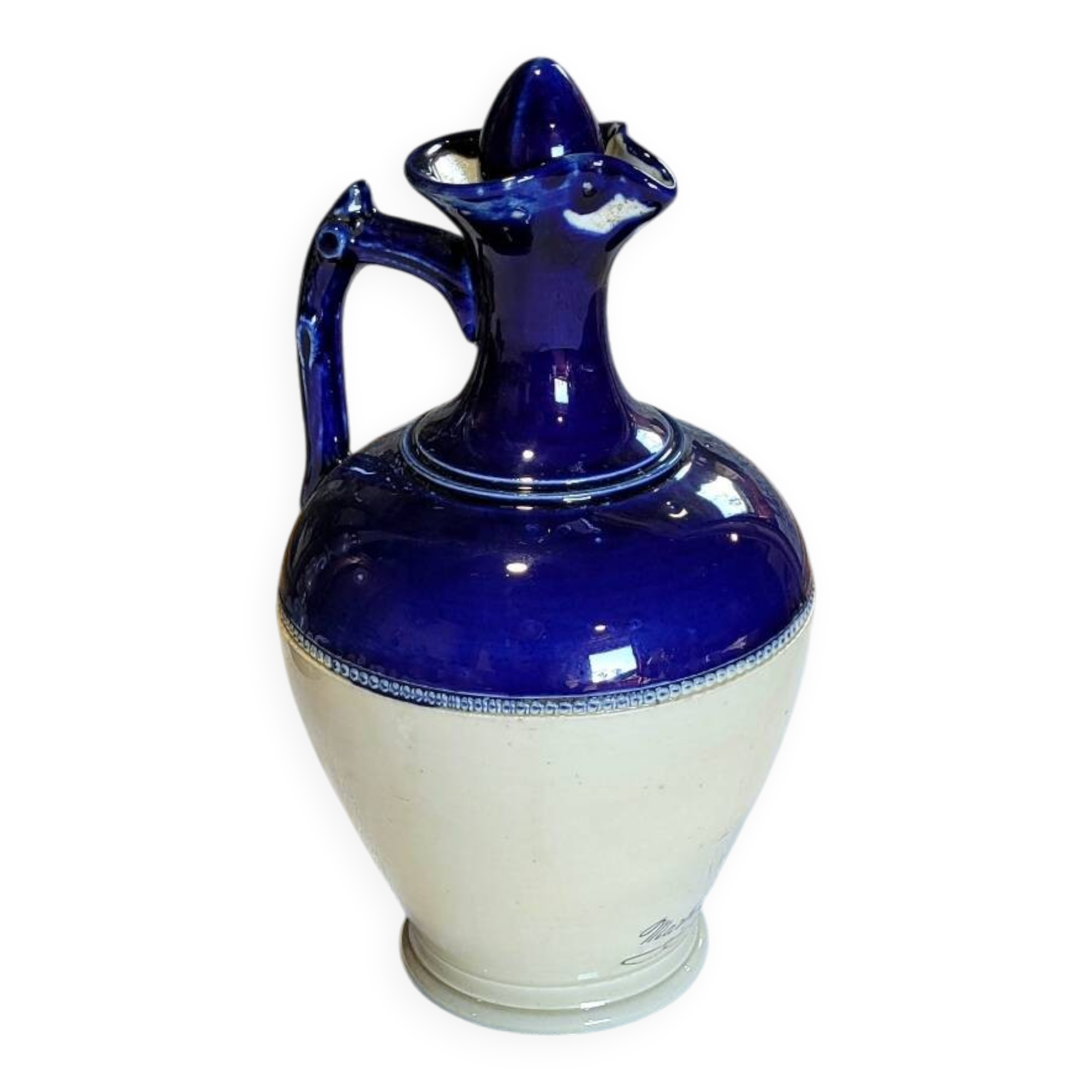 Antique iron-rich earth bottle from Saint Uze, ceramic carafe jug.