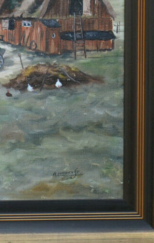 Mid 20th Century Landscape Oil Painting On Canvas, Farm Motif Signed R.Lundkvist