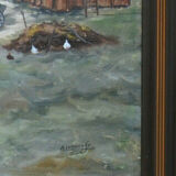 Mid 20th Century Landscape Oil Painting On Canvas, Farm Motif Signed R.Lundkvist