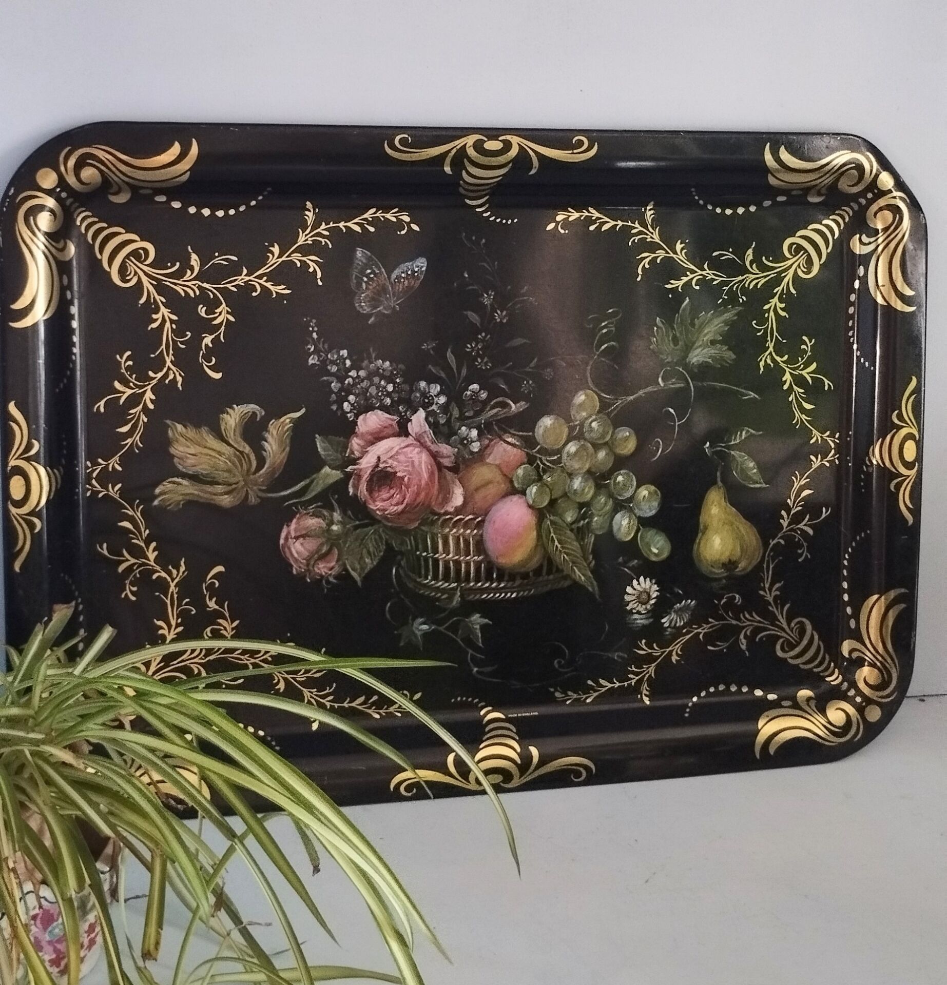 Large English tray painted with flowers and fruits.