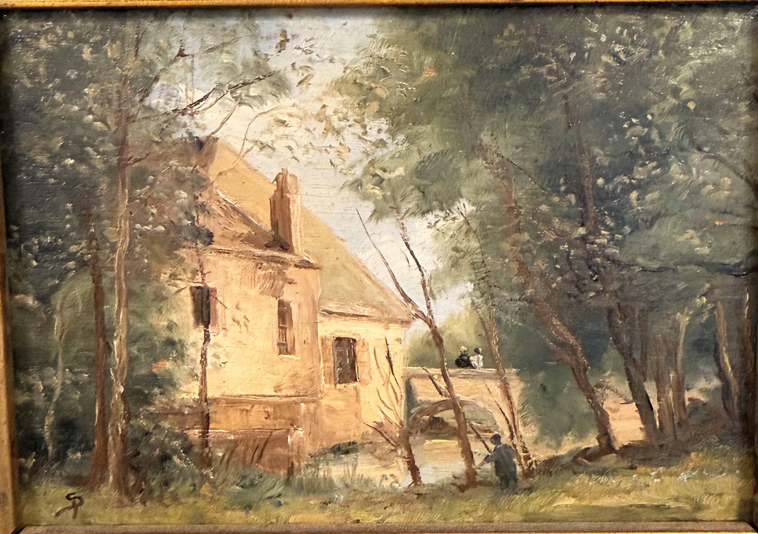 Ancienne huile sur bois – Maison en forêt – Paysage