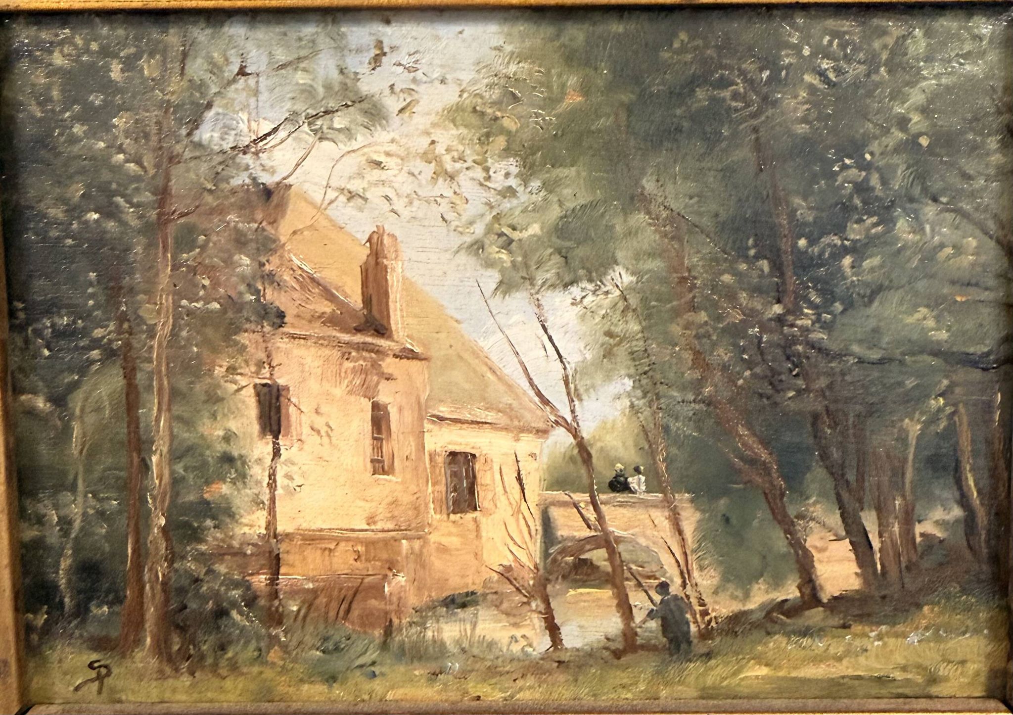 Old oil on wood – House in the forest – Landscape