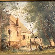 Old oil on wood – House in the forest – Landscape