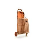 Wicker basket on wheels with leather flap