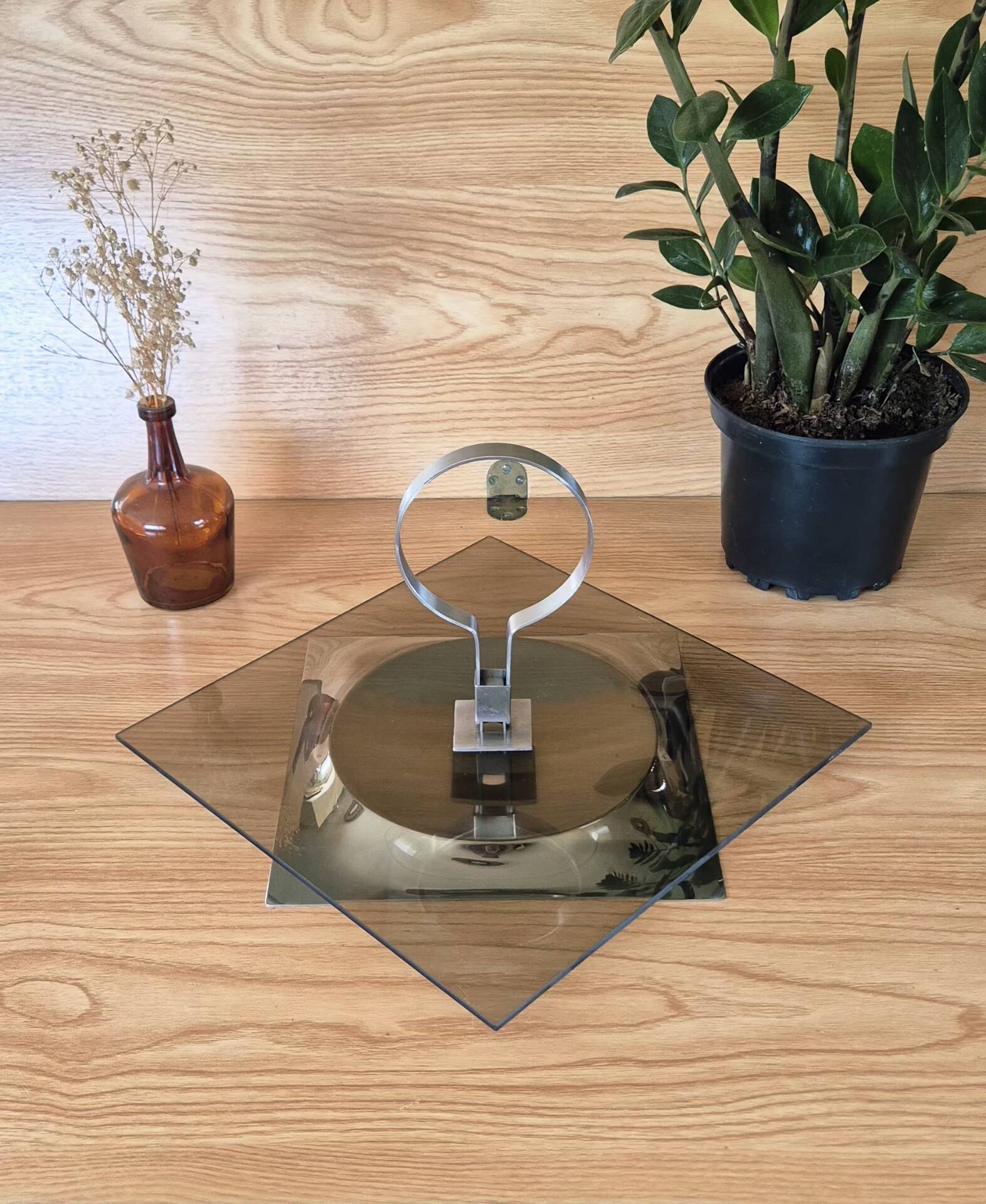 Space age 1970 vintage rotating cheese platter smoked glass chrome